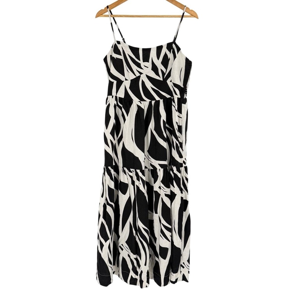 Rachel Zoe Womens Large Midi Dress Black White Abstract Linen Blend Smocked Boho - Picture 2 of 8